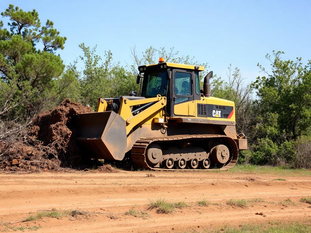 Tracked loader clearing brush and overgrowth on a rural lot
