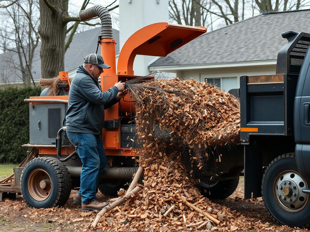 Wood chipper running on a job site with chips discharging into a truck