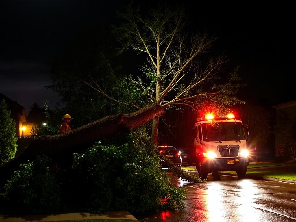 Storm-fallen tree across a driveway at night with emergency crew lighting