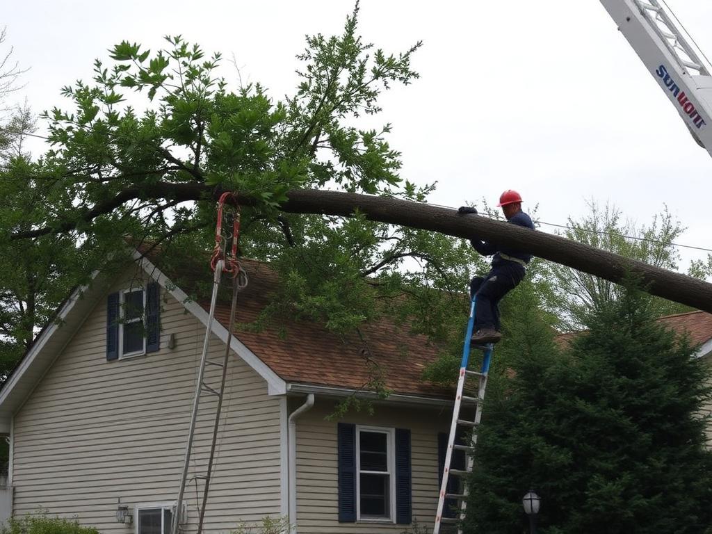 Crane-assisted removal of a hazardous tree leaning over a house roof