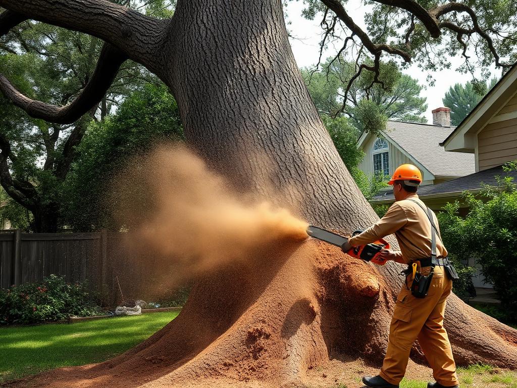 Tree service worker felling a large hardwood tree in a residential yard