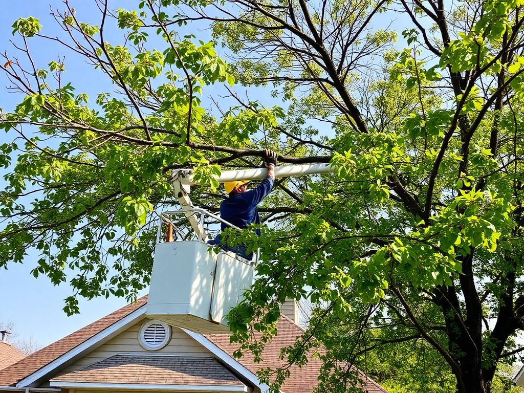 Arborist in a bucket lift trimming canopy limbs above a driveway